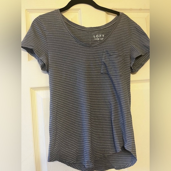 LOFT Tops - Ann Taylor Loft Vintage Soft Gray Silver Striped Pocket Tee Size XS